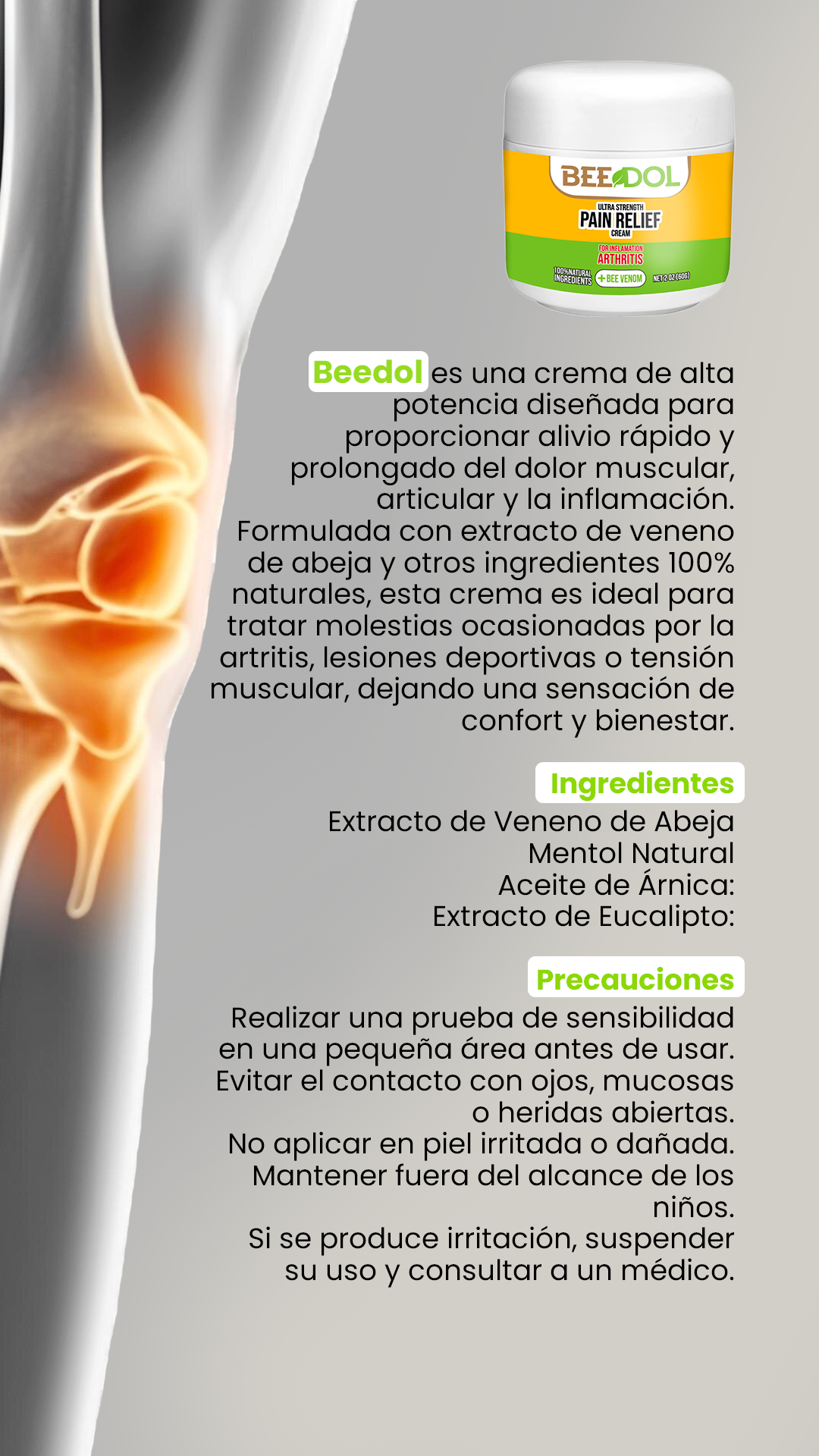 Maravillosa Crema para el dolor articular Beedol